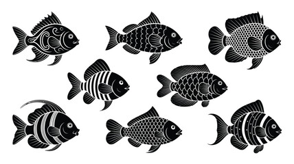 Vector illustration set of diverse decorative stylized fish graphics scalable for design projects vector illustration white background