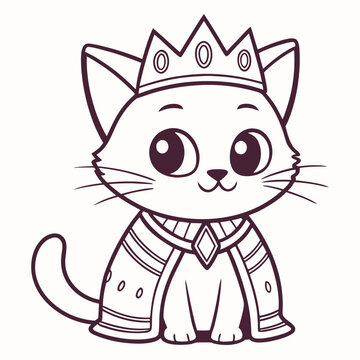 Cute cartoon royal cat with majestic crown and cape, an enchanting outline illustration for kids' coloring pages, activities, and playful graphic design projects