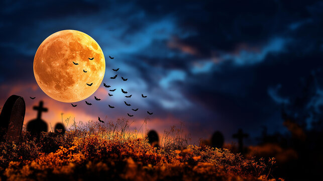 Fototapeta Full moon Halloween night with bats and graveyard spooky moon Halloween cemetery eerie night trick or treat atmosphere haunted graveyard Halloween scene spooky landscape