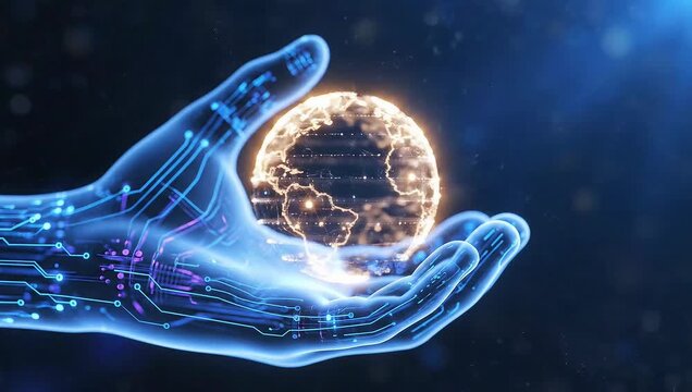 Glowing blue hand with circuit board lines holds a radiant golden orb with a gear pattern against a dark background with stars and a subtle gradient effect.