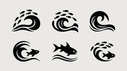 Minimalist black line art wave and fish vector illustrations set scalable eps icon collection vector illustration white background