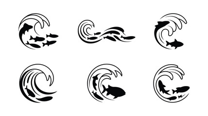 Set of six black silhouette illustrations of waves with fish scalable vector graphics for eps format vector illustration white background