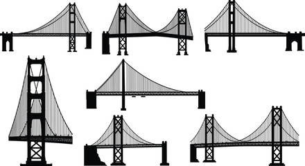 Collection of seven suspension bridge silhouettes with towers, cables, roadways, architectural design, engineering structure, urban landmark vector illustration design