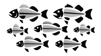 Scalable vector illustration set of diverse fish skeletons icons for graphic design projects vector illustration white background