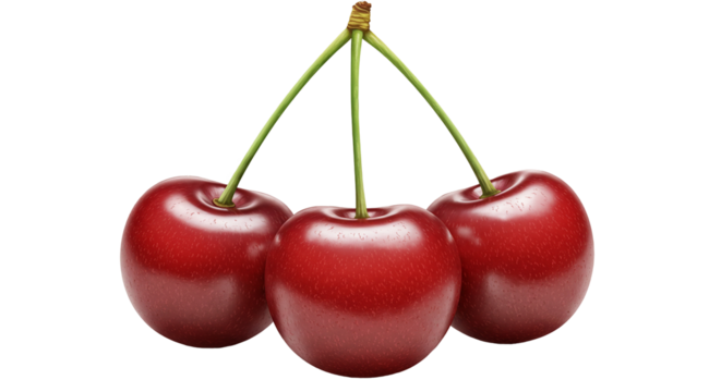 Three vibrant red cherries with green stems against a black backdrop