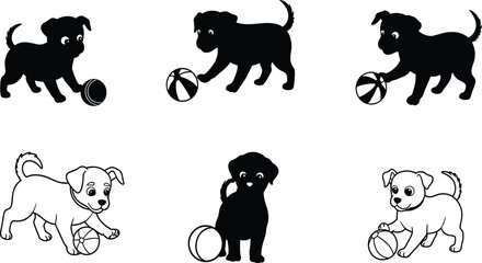 Cute puppies playing with balls silhouette and cartoon illustration set, pet animals, playful dogs, fun activity vector design artwork