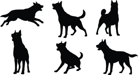 Dog silhouettes vector illustration showing pets in various poses including sitting, standing, barking, leaping, domestic animals, pet behavior, canine artwork