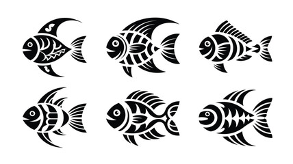 Six stylized black fish vector illustrations set scalable graphic design elements for aquatic themes vector illustration white background