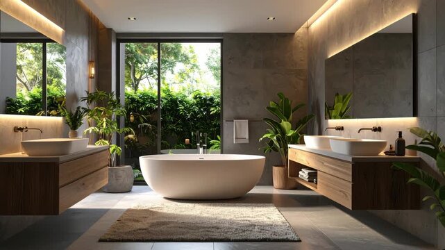 Modern bathroom featuring a freestanding tub, double vanity, potted plants, large window with lush greenery, and illuminated mirrors.