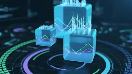 Futuristic 3D Data Cubes Animation with Digital Analytics HUD Interface Representing Big Data Processing and Technology - Powered by Adobe