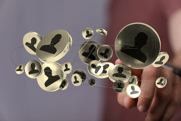 Modern technology networking shows team connection with digital interface for data transfer and social community.