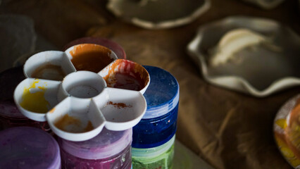 Detailed Artistic Paint Palette Filled with Diverse Colors Still Life