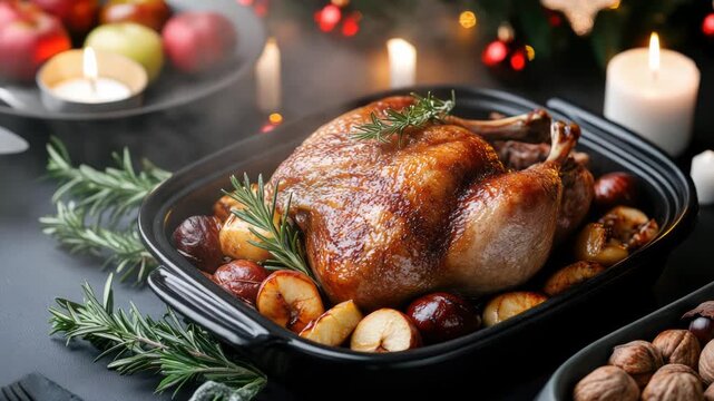Roasted goose with perfectly crispy skin displayed on a decorative platter alongside apples, chestnuts, and sprigs of rosemary, embodying a lavish feast and holiday cheer