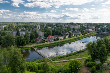 KASHIN, TVER Region, RUSSIA - July 07, 2025: View of the historical center of the ancient Russian city and the Kashinka River