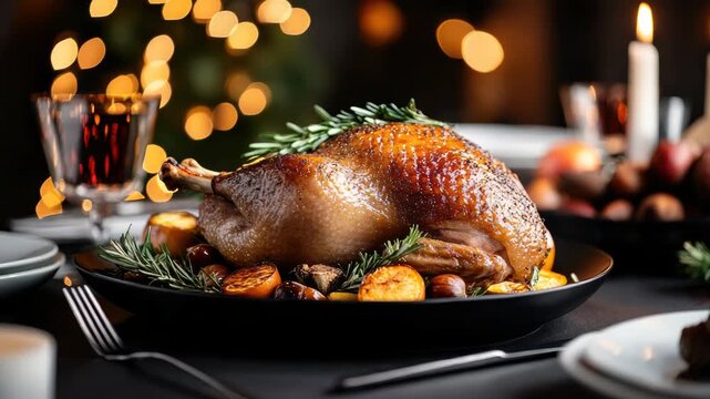 Roasted goose with perfectly crispy skin displayed on a decorative platter alongside apples, chestnuts, and sprigs of rosemary, embodying a lavish feast and holiday cheer