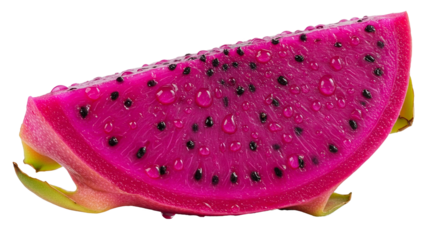 Vibrant pink dragon fruit slice with water droplets on black backdrop