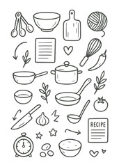 Hand-Drawn Recipe Elements Vector Set Creative Cooking and Kitchen Line Art Collection