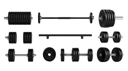 Black Barbell and Weight Set on Transparent Background