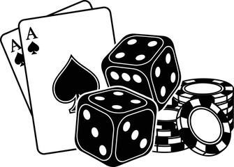 Ace playing card with dice and chip stack. Casino gambling and poker game concept. Monochrome vector illustration icon for logotype, symbol, sticker
