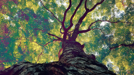 木の上から見上げた美しい緑の風景
