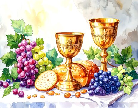 Still life of bread, grapes, and golden chalices, rendered in a watercolor style, suggesting a religious theme