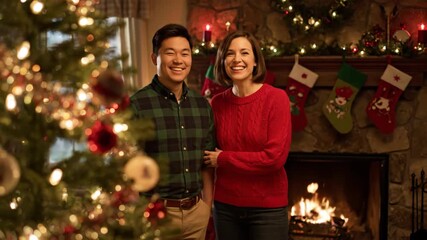 Man and woman enjoying christmas holiday with decorated tree and festive fireplace setting, happy family celebration footage. - Powered by Adobe