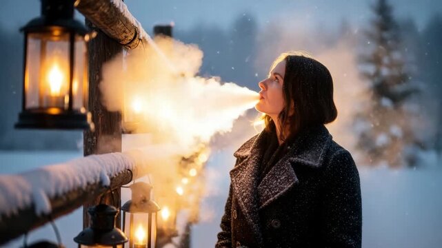 Winter stroll on snowy bridge with lantern light and breath condensing in the cold air. 4k Video footage