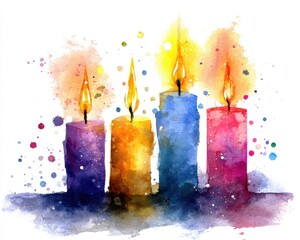 Advent Candles Watercolor. Abstract Art of Christmas Candle Burn with Christmas Tree Background