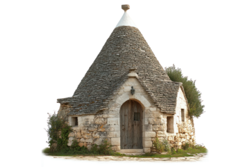 Trullo: A rustic trullo with a conical roof, a traditional Apulian stone dwelling, stands proudly amidst its surroundings, a testament to time-honored architecture.