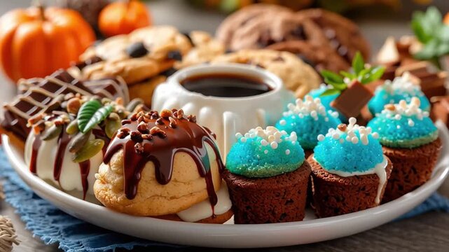 Halloween cookie decorating treats with chocolate drizzle, blue frosting cupcakes, and festive toppings creating joyful, colorful autumn dessert