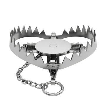 Metal animal trap with sharp teeth and chain isolated on a transparent background