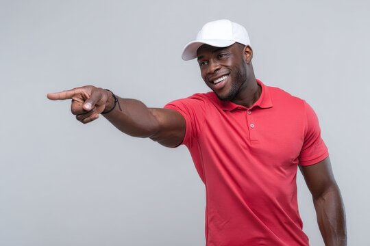 African American Golfer Man Pointing to Side with Product Presentation Gesture