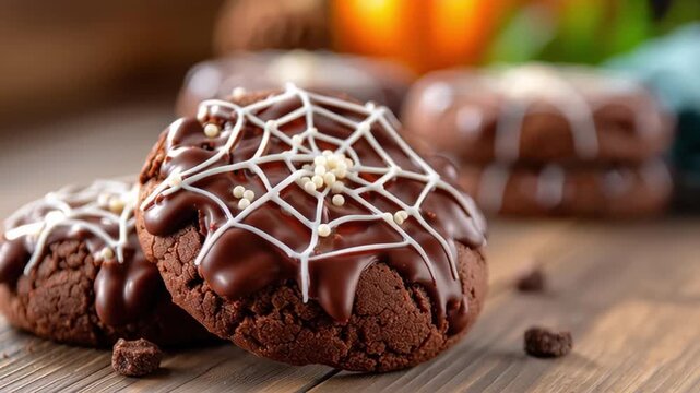 Halloween cookie decorating chocolate spider web design on soft baked cracked chocolate cookie rustic wooden table festive sweet dessert