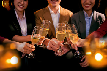  A group of beautiful girls at a company party, drinking, celebrating New Year, club party with friends.