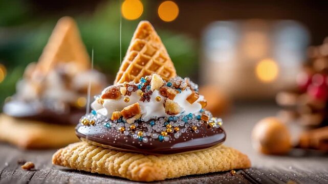 Halloween cookie decorating with chocolate cream nuts and colorful sprinkles biscuit and wooden table creating festive treats for celebration and fun