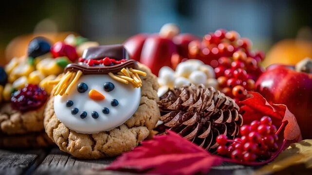Halloween cookie decorating festive snowman design on rustic wooden table surrounded by autumn leaves pinecone and warm colors creating cozy mood
