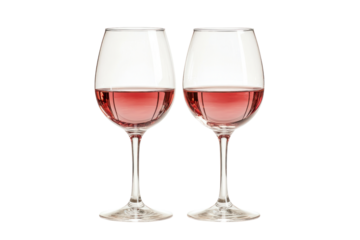 Elegant Pair of Wine Glasses: Two delicate stemmed glasses, filled with a vibrant rose wine, stand side by side. Evoking a sense of celebration and shared moments.