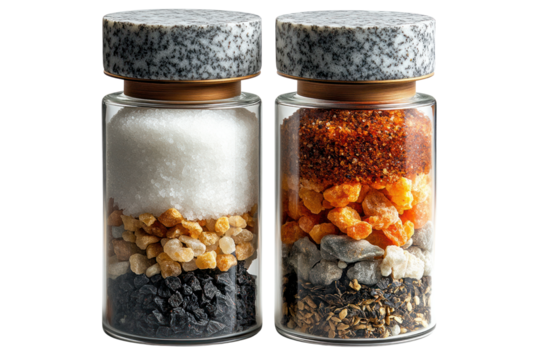 Artisan Spice Set: Captivating close-up shot of two elegantly crafted glass jars filled with a diverse assortment of spices, salt and seasonings with granite cap.
