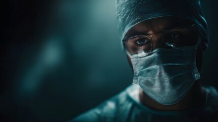 Close up portrait of a medical professional in sterile surgical attire looking intently