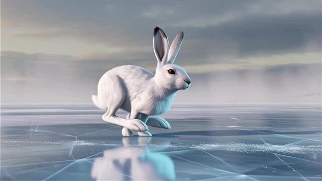 Arctic hare rabbit icy reflective surface dawn with snow reflection winter solitude cold landscape