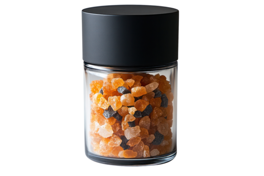 Sugar Crystals in Glass Jar: A transparent glass jar is filled with a vibrant mix of sugar crystals, showcasing their different hues and textures. The jar is capped with a sleek black lid.
