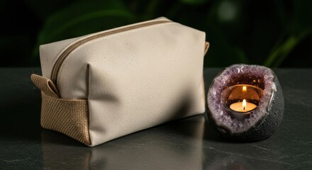 Canvas toiletry bag and amethyst geode candle holder with a lit tea light on a dark table indoors in the evening