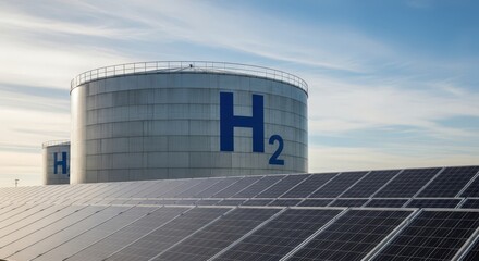 Fototapeta premium Large hydrogen storage tanks with H2 symbol next to rows of solar panels on a bright sunny day outdoors