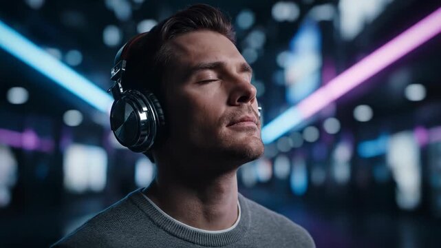 Young man wearing headphones with eyes closed, lost in music amidst vibrant neon lights.