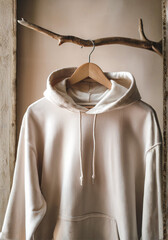 clothes on hangers, Light pink oversized hooded sweatshirt with a front pocket, isolated on a white background of mockup, t shirt hanging on hangers