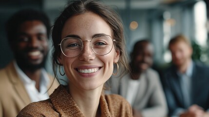 Obraz premium A woman wearing earrings sits in a professional setting, with her earrings emphasizing her formal attire. Men in suits are in the background as the woman engages the scene.