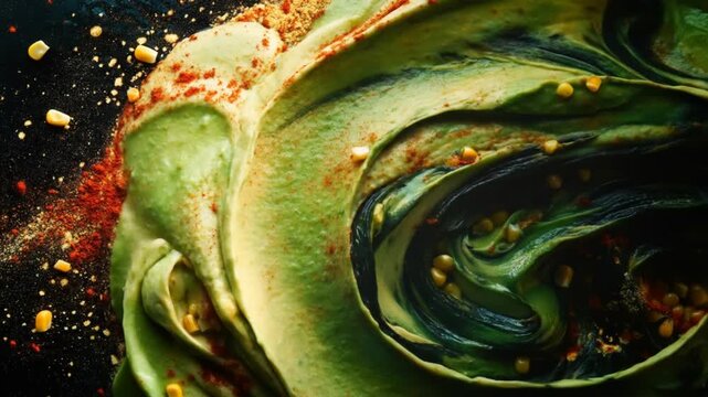 Abstract close up of textured green food with corn and red seasoning