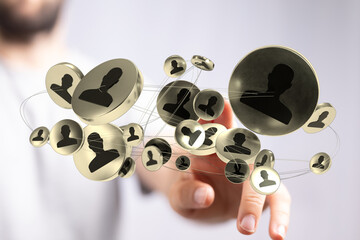 Concept of connecting people. Hand touching digital interface, social network and global connection abstract metaphor with golden elements.