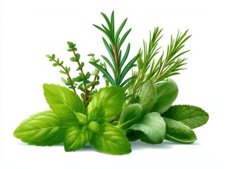 A vibrant assortment of fresh herbs, including mint, rosemary, and thyme, showcasing their rich green colors and textures.