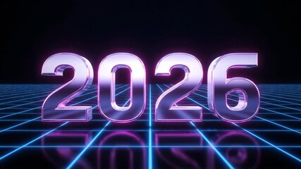 Chromed 2026 digital numbers illuminate against a retro futuristic grid. New year celebration with modern cyber space design footage. - Powered by Adobe